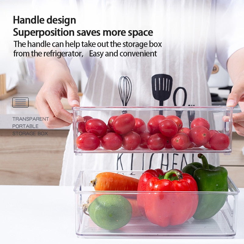 1pc Refrigerator Organizer Bins Stackable Fridge Food Storage Box With Handle Clear Plastic Pantry Food Freezer Organizer Tool